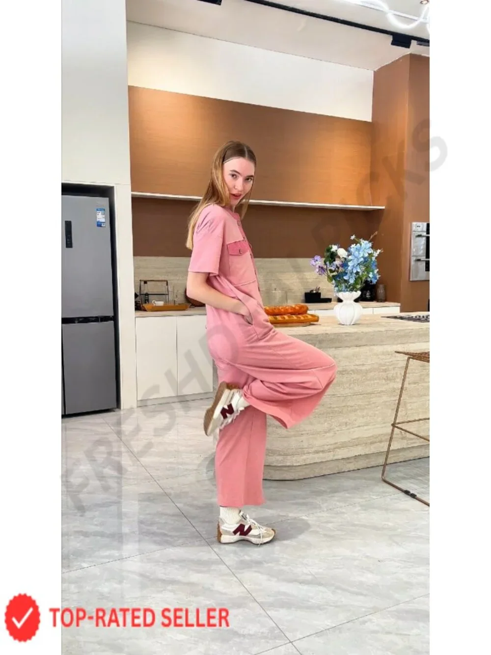 Women's Casual Loose Wide Leg Jumpsuit Short Sleeve V-Neck Button Romper